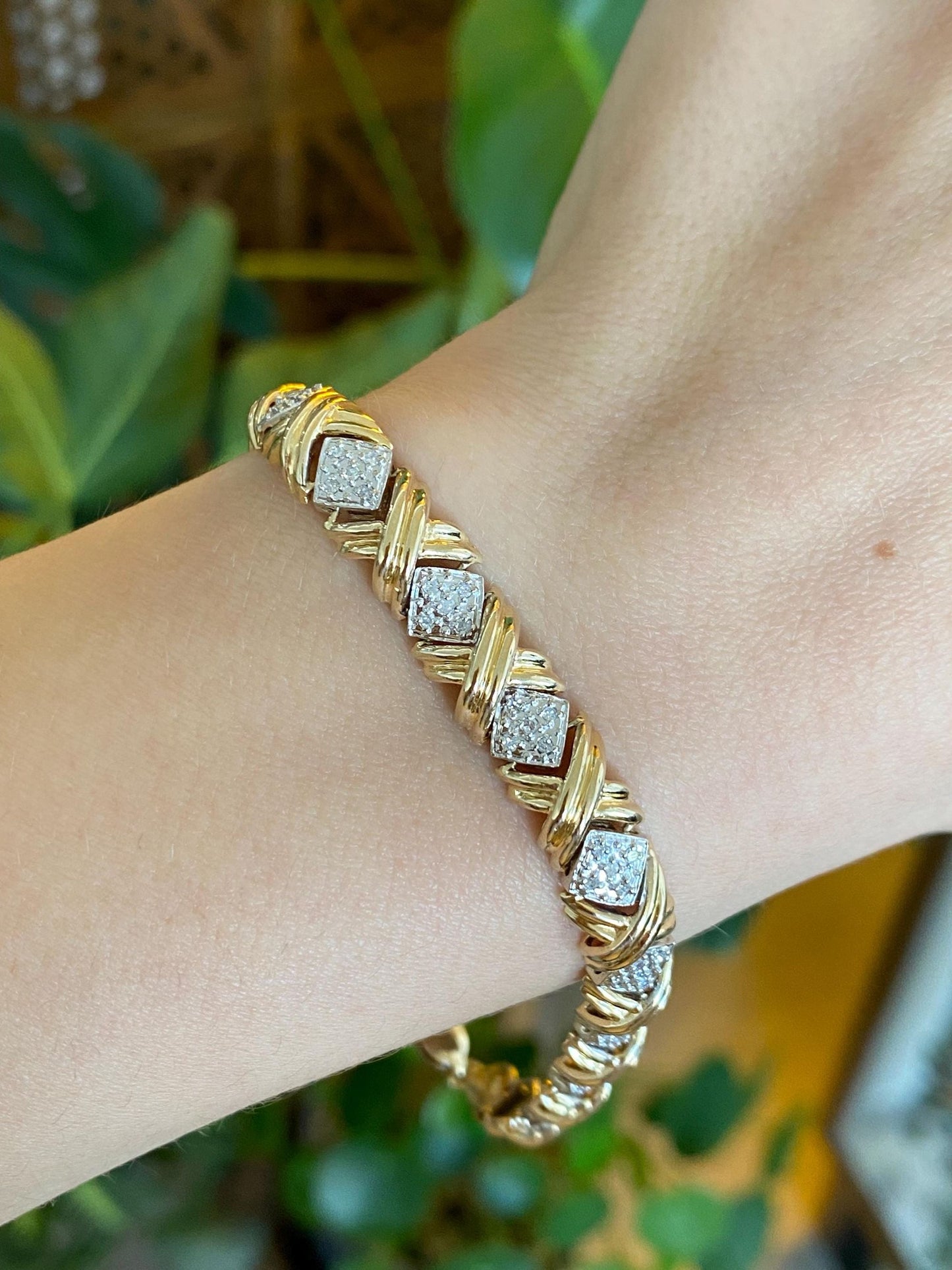 Vintage Solid 14k White & Yellow Gold Diamond X Link Bracelet - 8.25 Inches