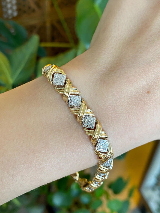 Vintage Solid 14k White & Yellow Gold Diamond X Link Bracelet - 8.25 Inches