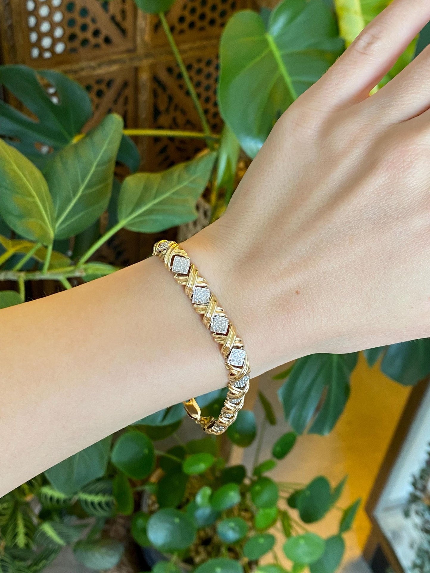 Vintage Solid 14k White & Yellow Gold Diamond X Link Bracelet - 8.25 Inches