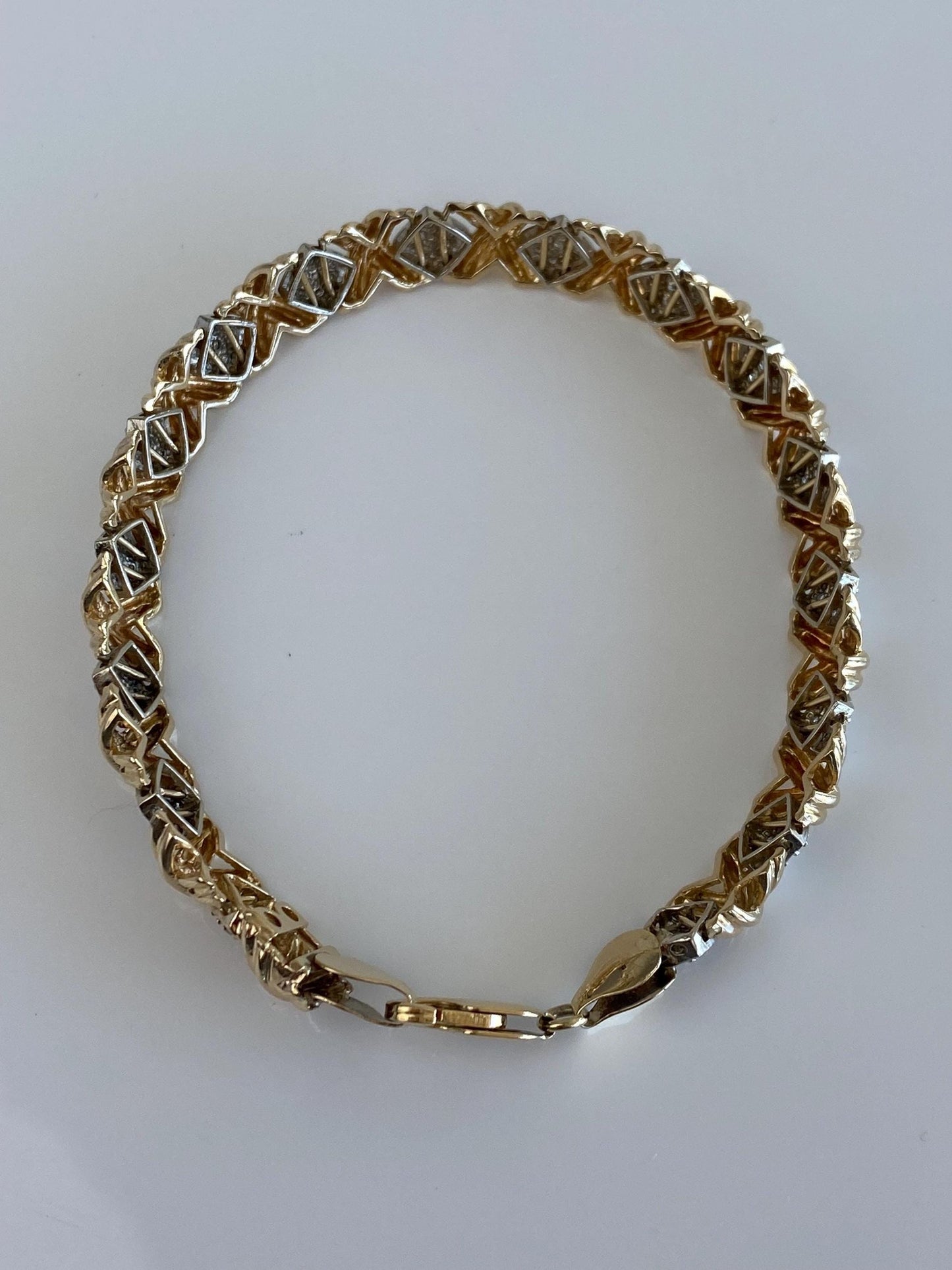 Vintage Solid 14k White & Yellow Gold Diamond X Link Bracelet - 8.25 Inches