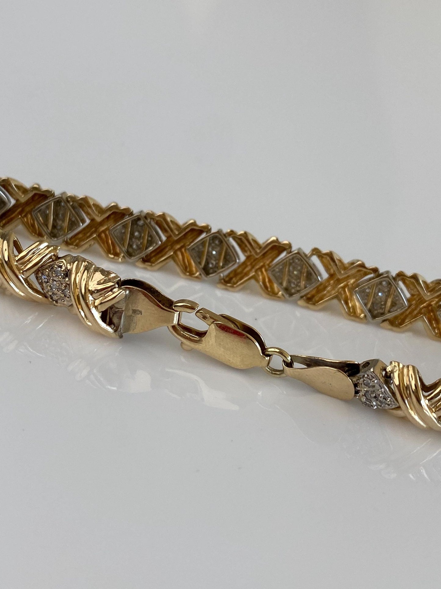 Vintage Solid 14k White & Yellow Gold Diamond X Link Bracelet - 8.25 Inches