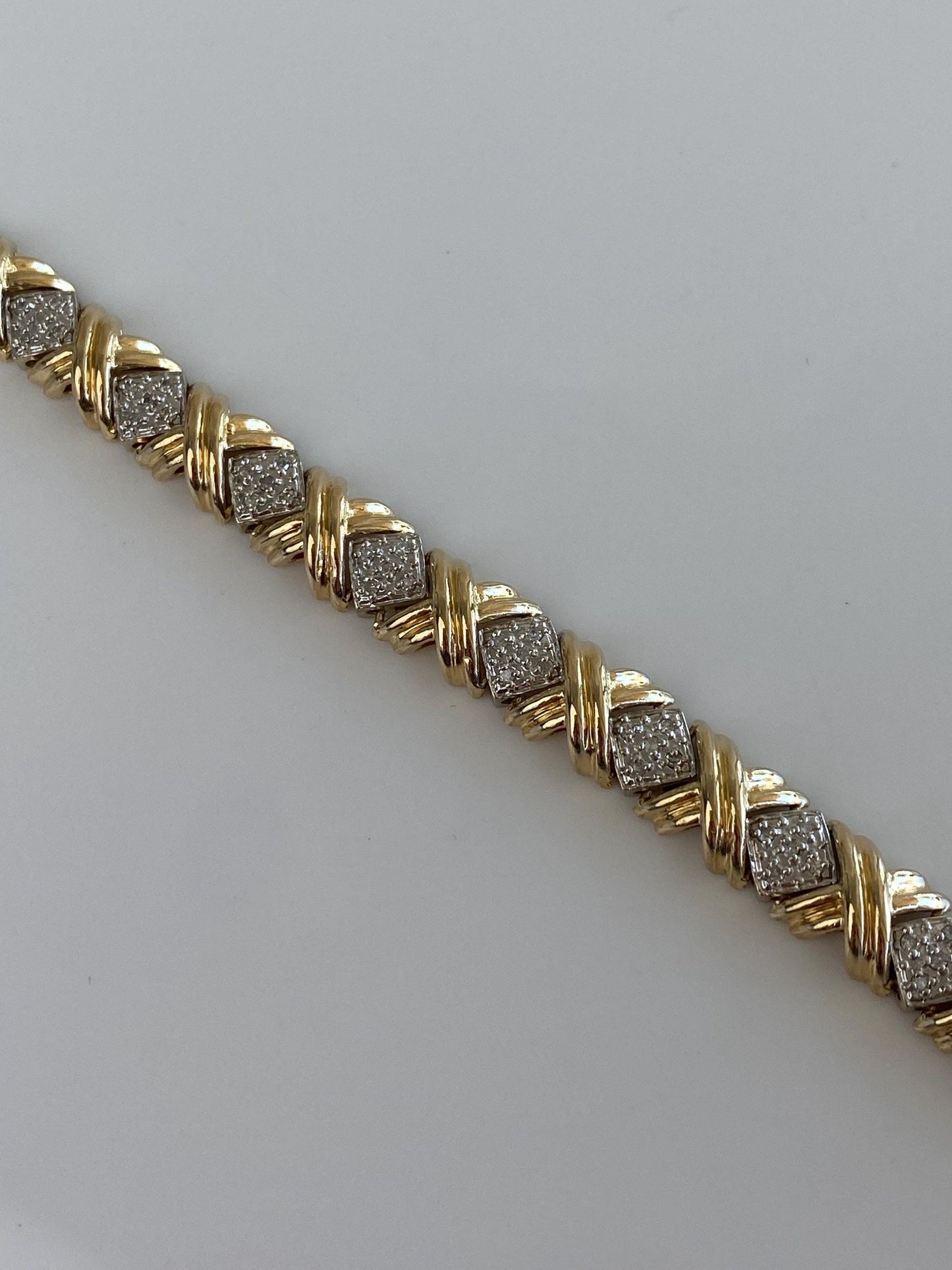 Vintage Solid 14k White & Yellow Gold Diamond X Link Bracelet - 8.25 Inches