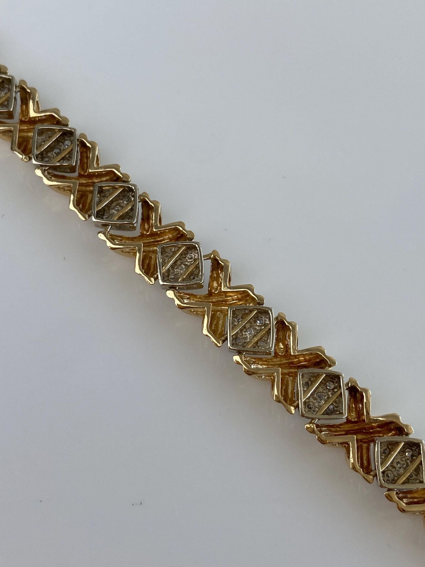Vintage Solid 14k White & Yellow Gold Diamond X Link Bracelet - 8.25 Inches