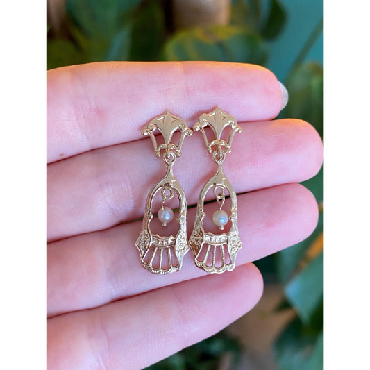 Vintage Solid 14k Yellow Gold Pearl Ornate Dangle Stud Earrings