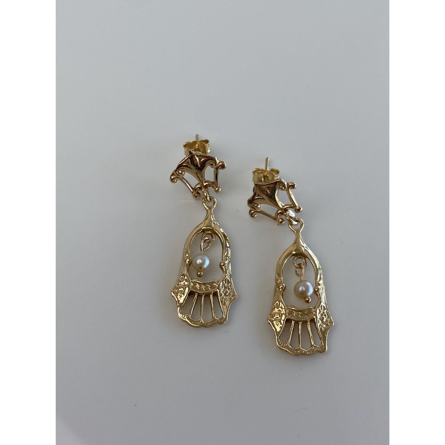 Vintage Solid 14k Yellow Gold Pearl Ornate Dangle Stud Earrings