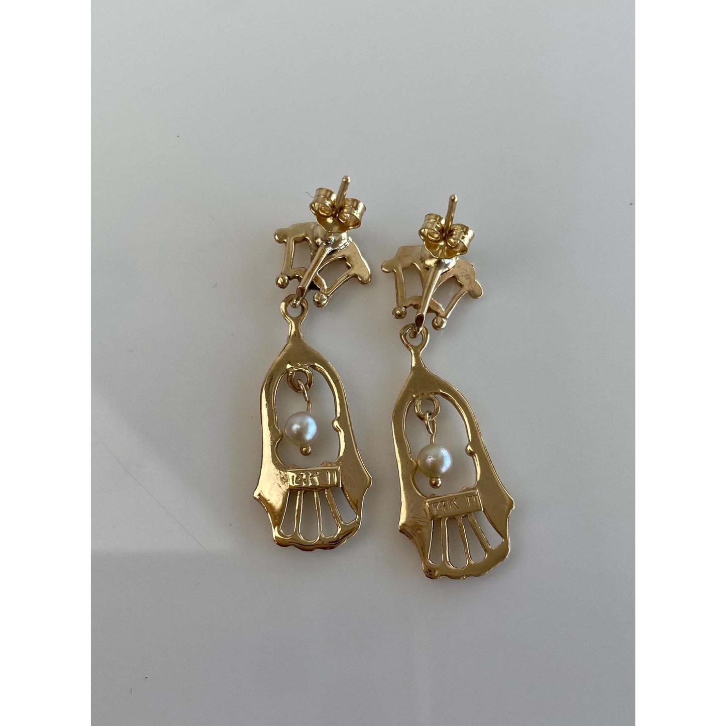 Vintage Solid 14k Yellow Gold Pearl Ornate Dangle Stud Earrings