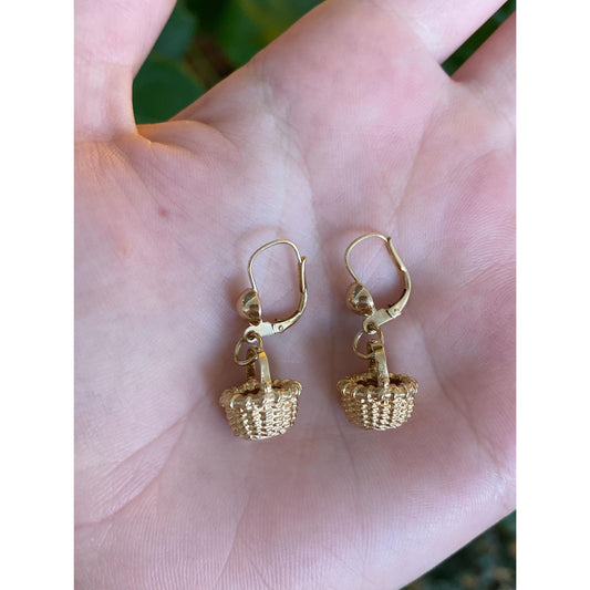 Vintage Solid 14k Yellow Gold Basket Dangle Earrings
