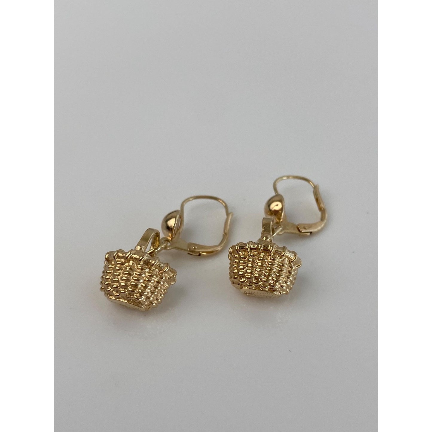 Vintage Solid 14k Yellow Gold Basket Dangle Earrings