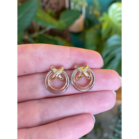 Vintage 14k Tri Tone Gold Circle X Stud Earrings