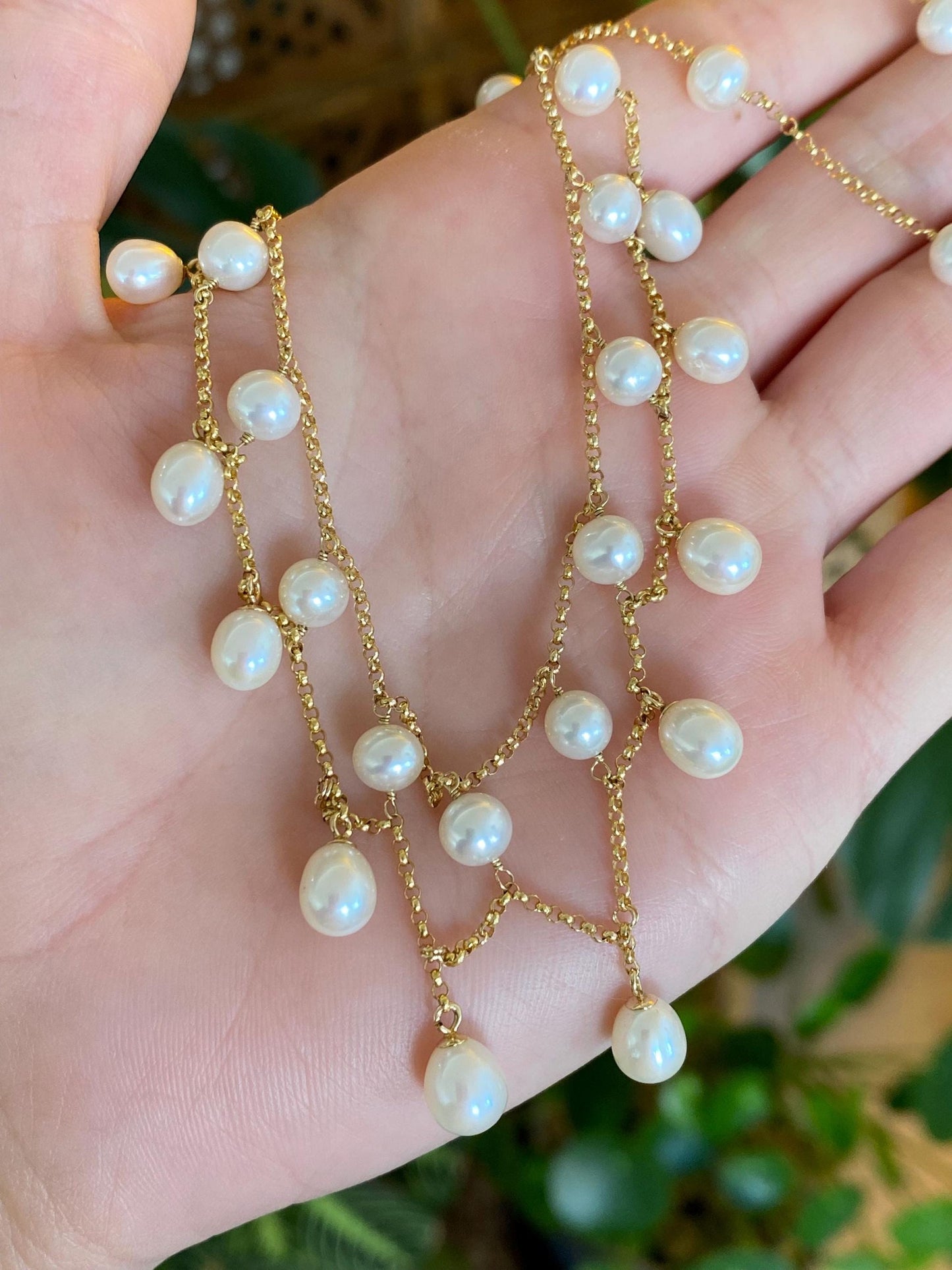 Vintage Solid 14k Yellow Gold Pearls Rolo Chain Bib Necklace - 17 inches