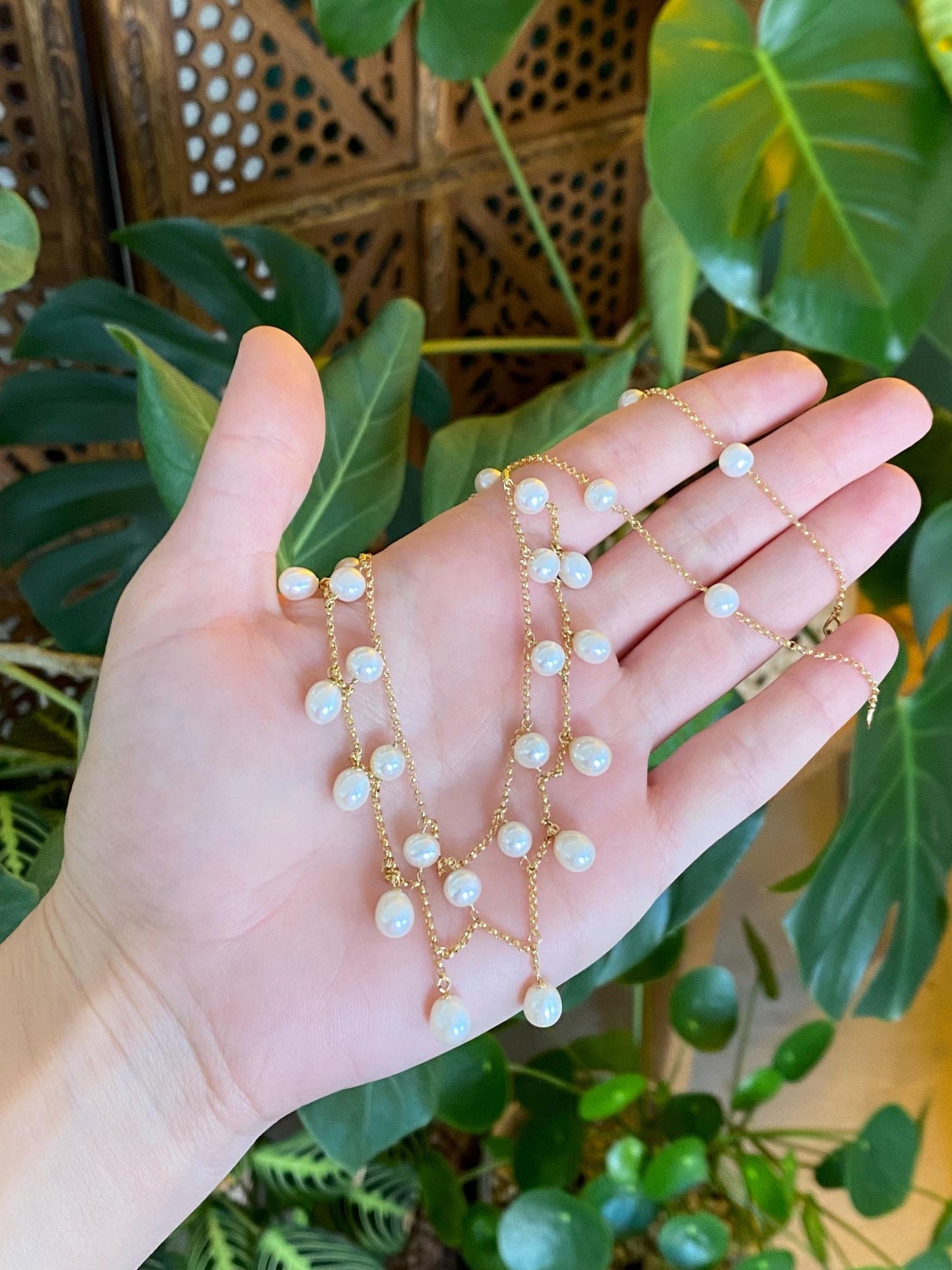 Vintage Solid 14k Yellow Gold Pearls Rolo Chain Bib Necklace - 17 inches