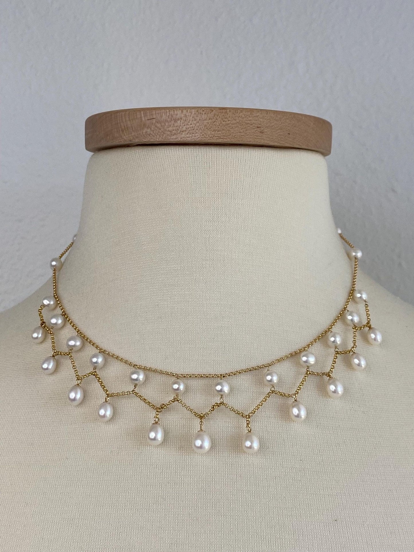 Vintage Solid 14k Yellow Gold Pearls Rolo Chain Bib Necklace - 17 inches