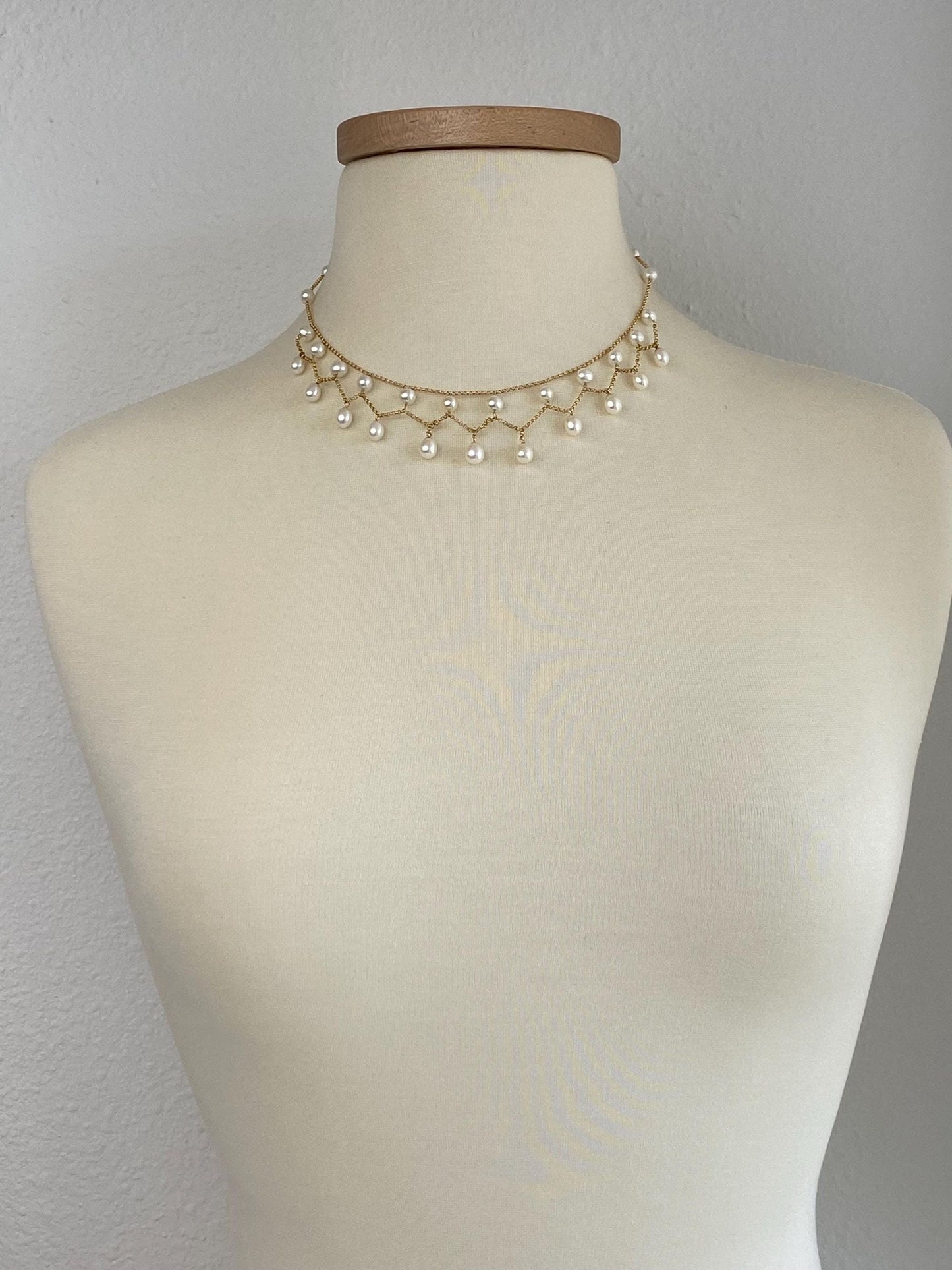 Vintage Solid 14k Yellow Gold Pearls Rolo Chain Bib Necklace - 17 inches