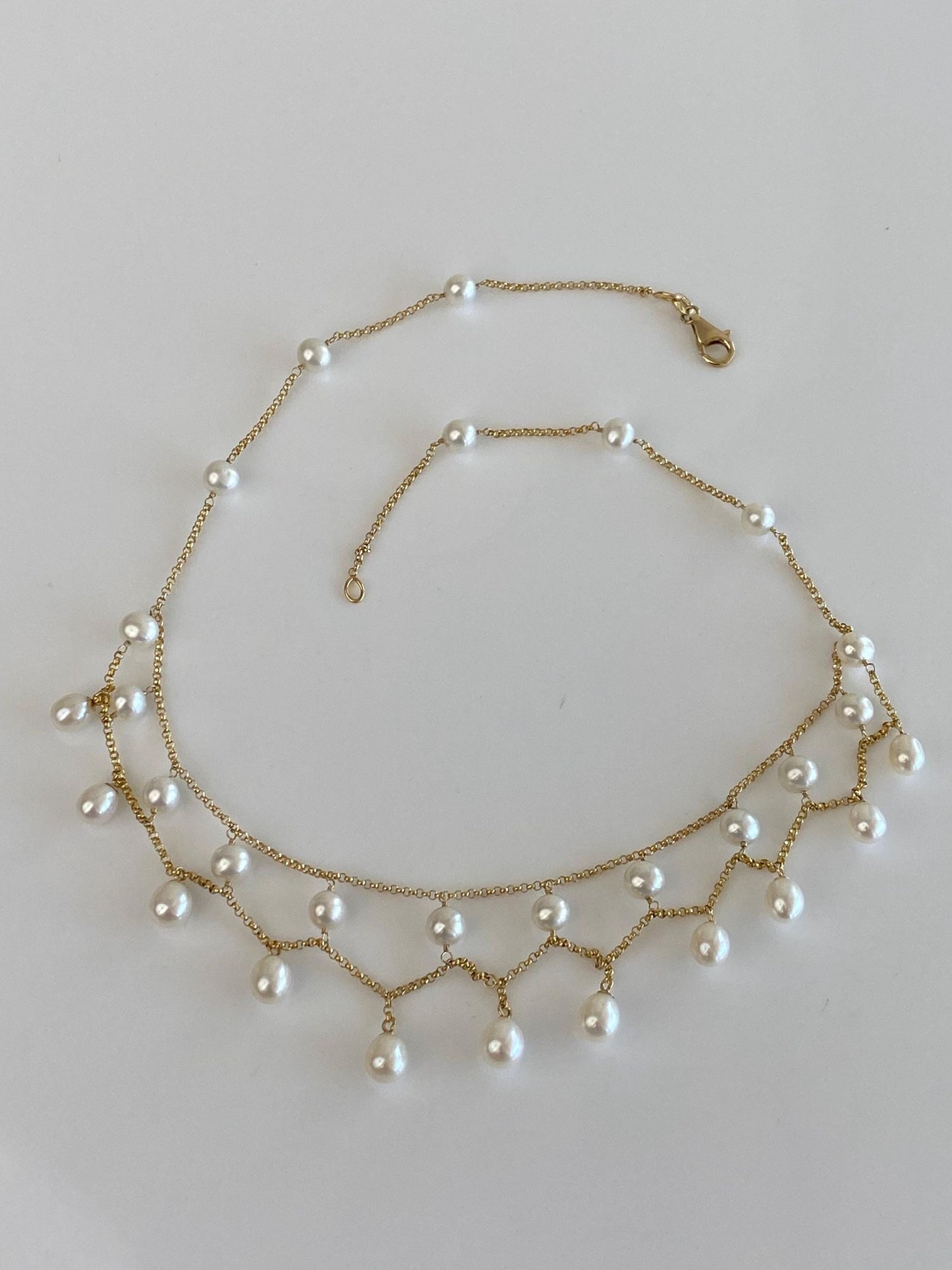 Vintage Solid 14k Yellow Gold Pearls Rolo Chain Bib Necklace - 17 inches