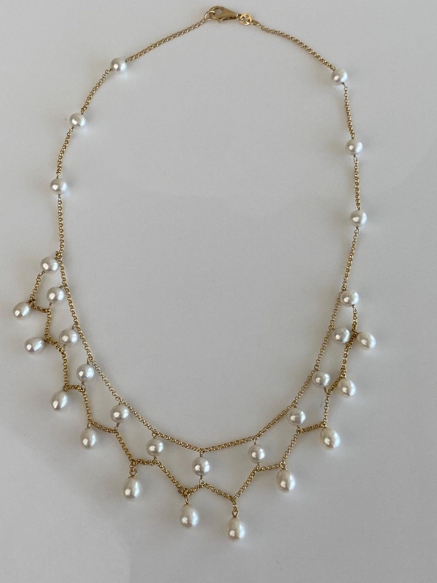 Vintage Solid 14k Yellow Gold Pearls Rolo Chain Bib Necklace - 17 inches