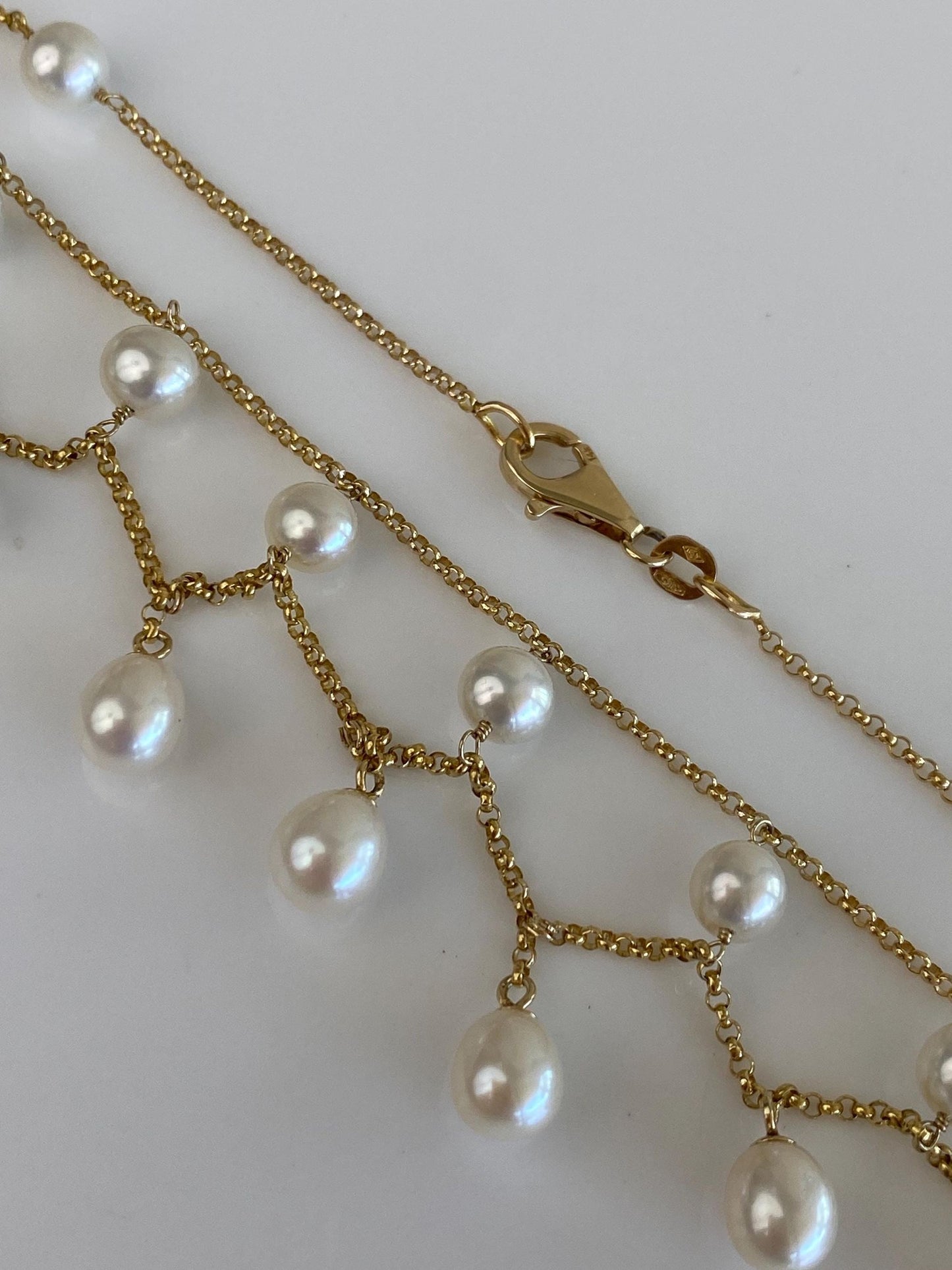 Vintage Solid 14k Yellow Gold Pearls Rolo Chain Bib Necklace - 17 inches