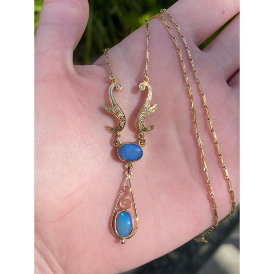 Vintage Solid 14k Yellow Gold Diamond Opal Fancy Link Necklace - 16.25 inches