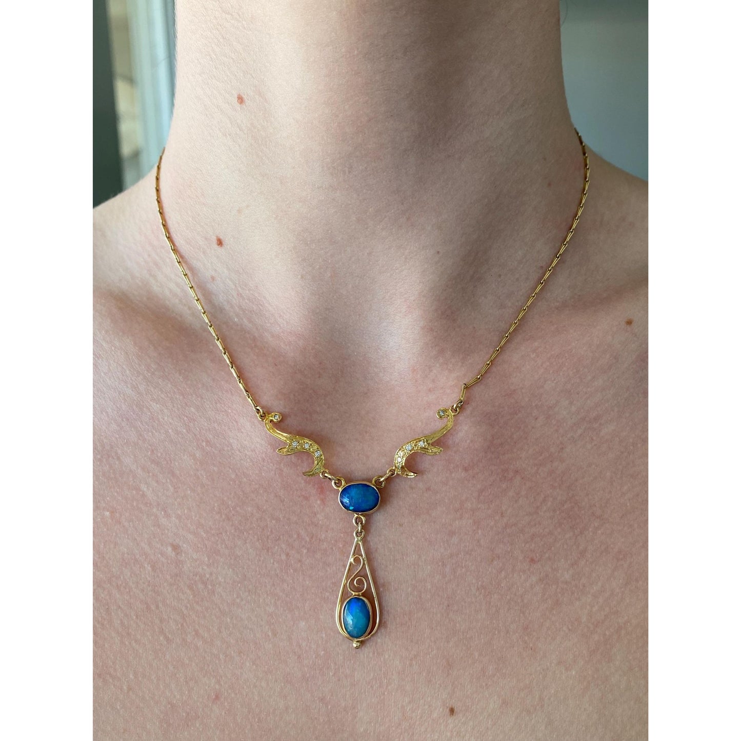 Vintage Solid 14k Yellow Gold Diamond Opal Fancy Link Necklace - 16.25 inches