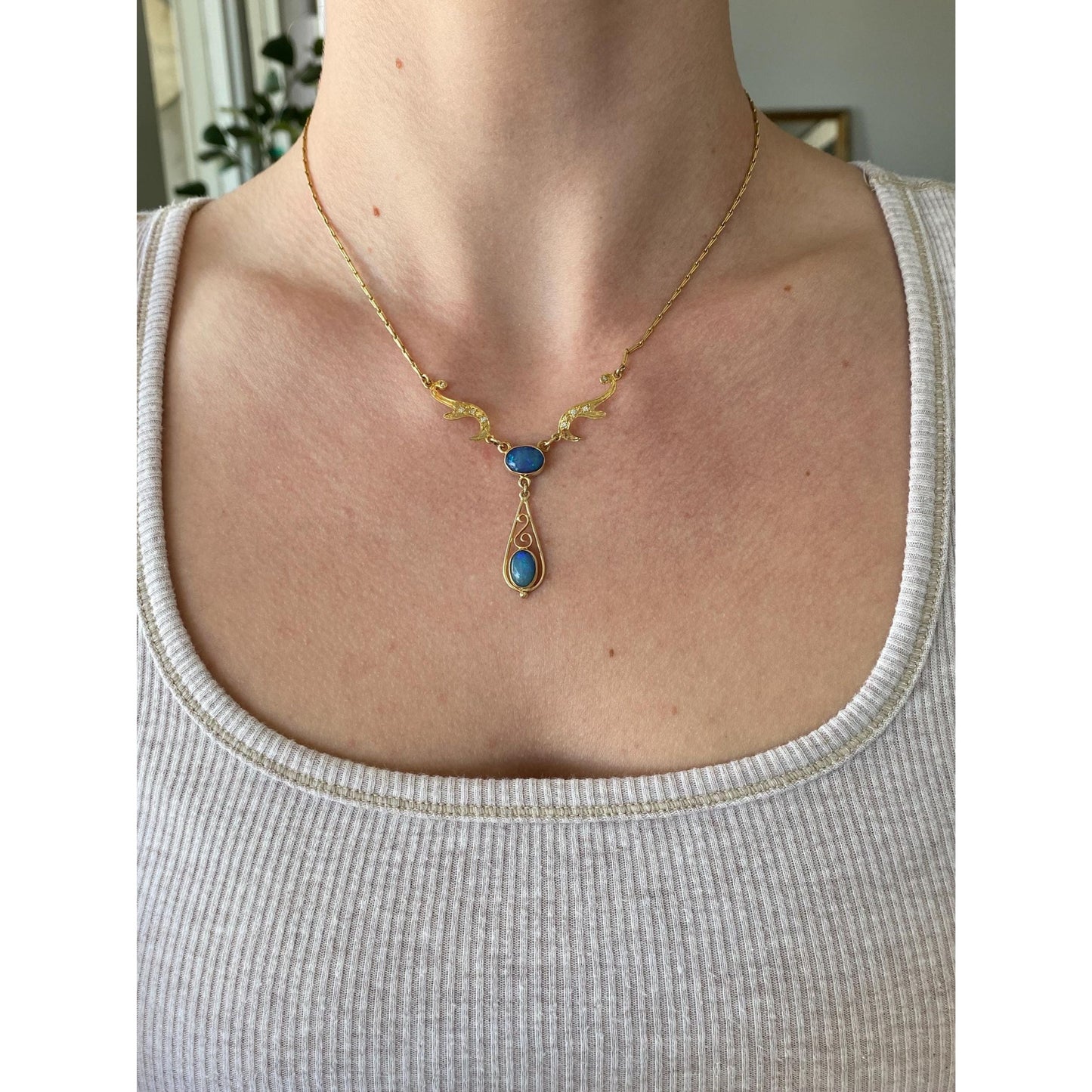 Vintage Solid 14k Yellow Gold Diamond Opal Fancy Link Necklace - 16.25 inches