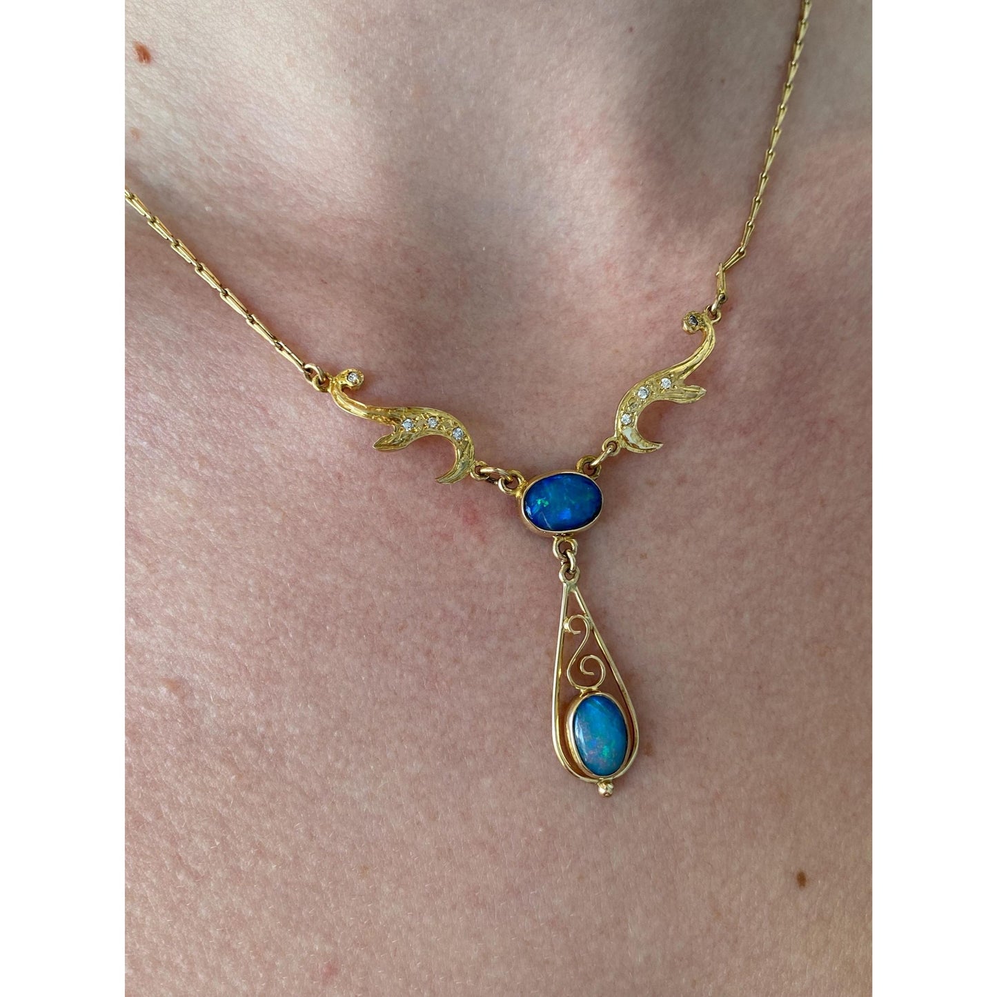 Vintage Solid 14k Yellow Gold Diamond Opal Fancy Link Necklace - 16.25 inches