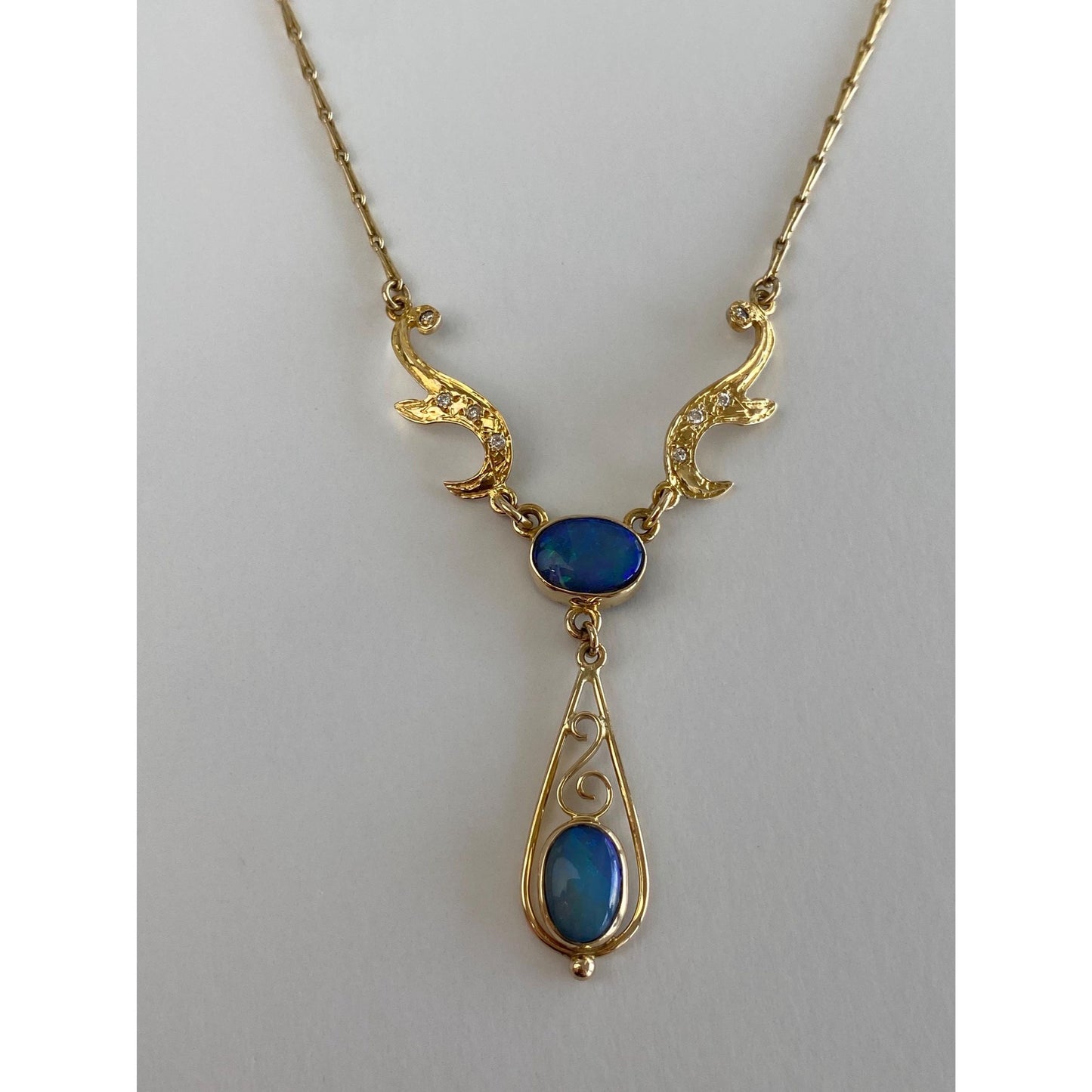 Vintage Solid 14k Yellow Gold Diamond Opal Fancy Link Necklace - 16.25 inches