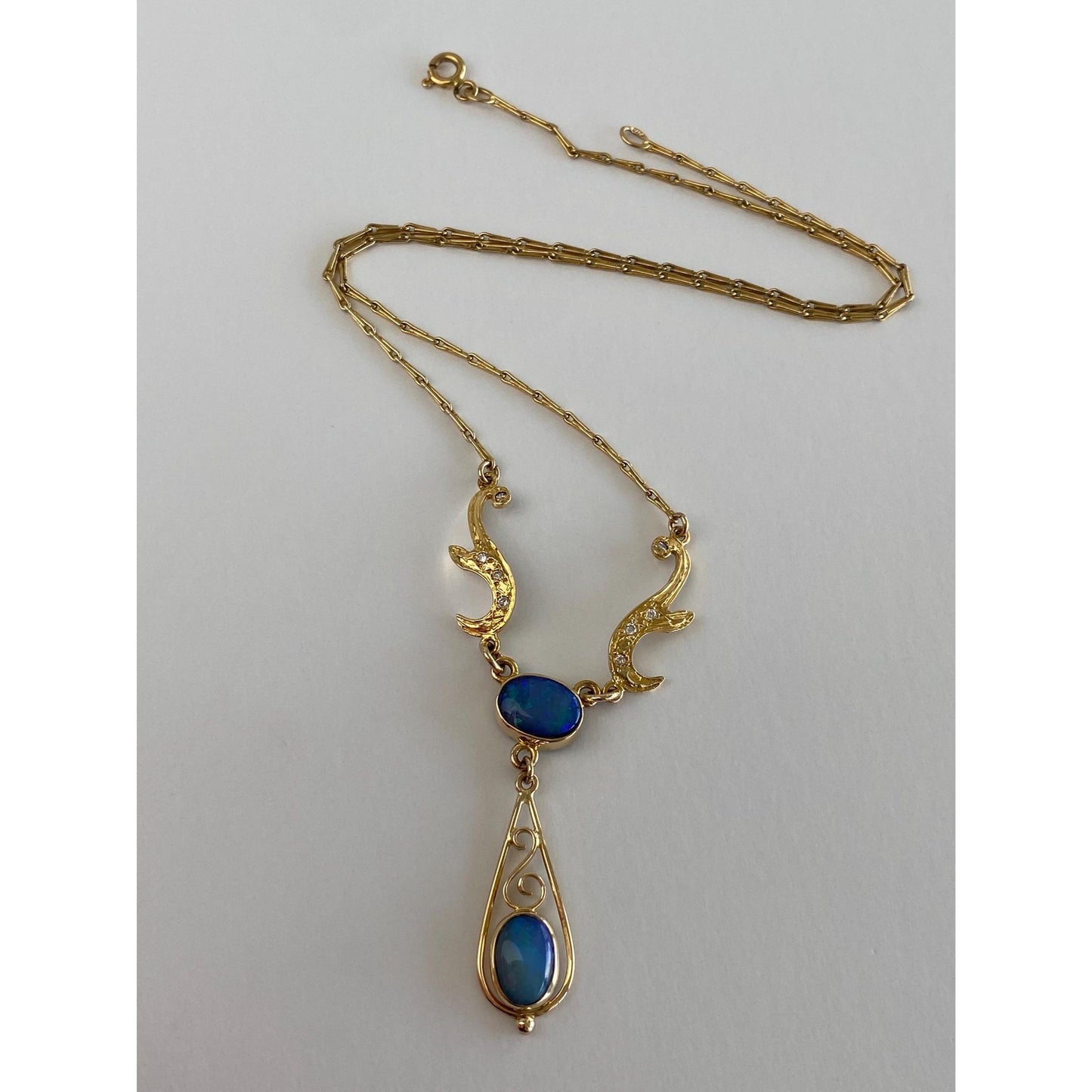 Vintage Solid 14k Yellow Gold Diamond Opal Fancy Link Necklace - 16.25 inches
