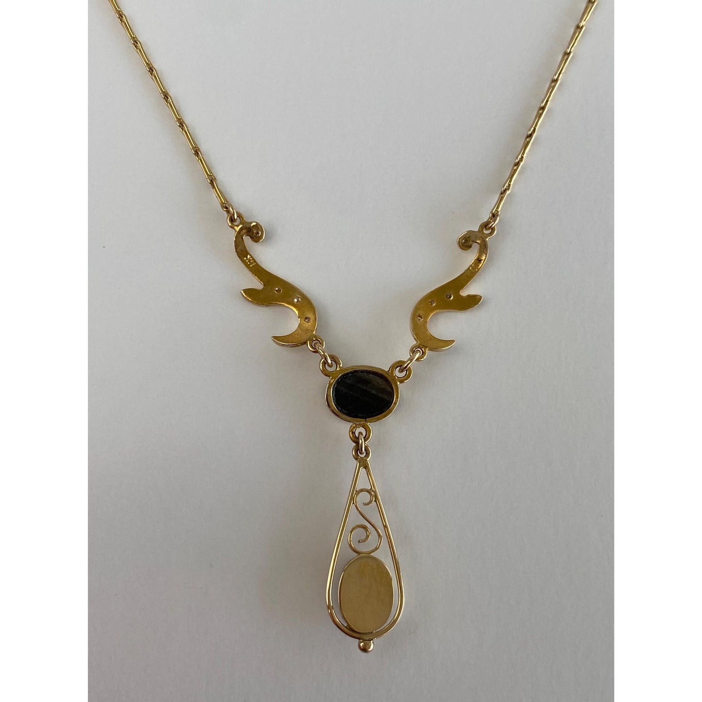 Vintage Solid 14k Yellow Gold Diamond Opal Fancy Link Necklace - 16.25 inches