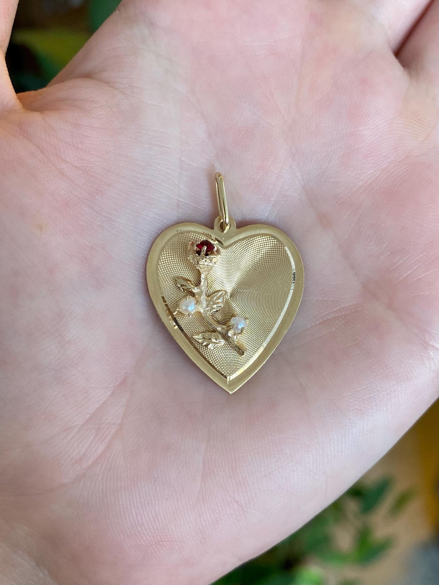 Vintage Solid 14k Yellow Gold Red Cubic Zirconia Pearls Rose Heart Charm