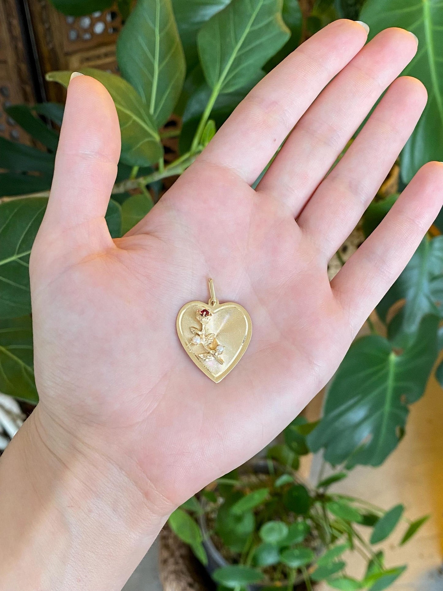 Vintage Solid 14k Yellow Gold Red Cubic Zirconia Pearls Rose Heart Charm