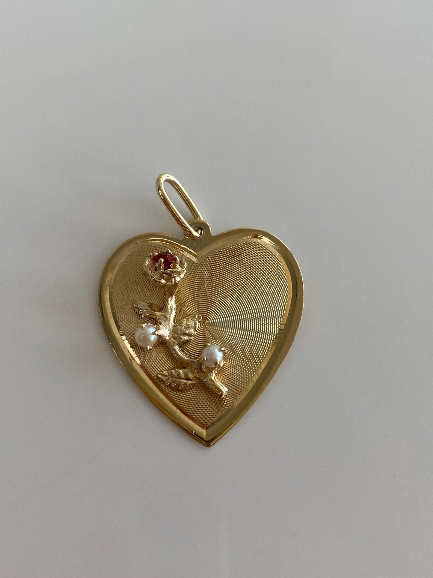 Vintage Solid 14k Yellow Gold Red Cubic Zirconia Pearls Rose Heart Charm