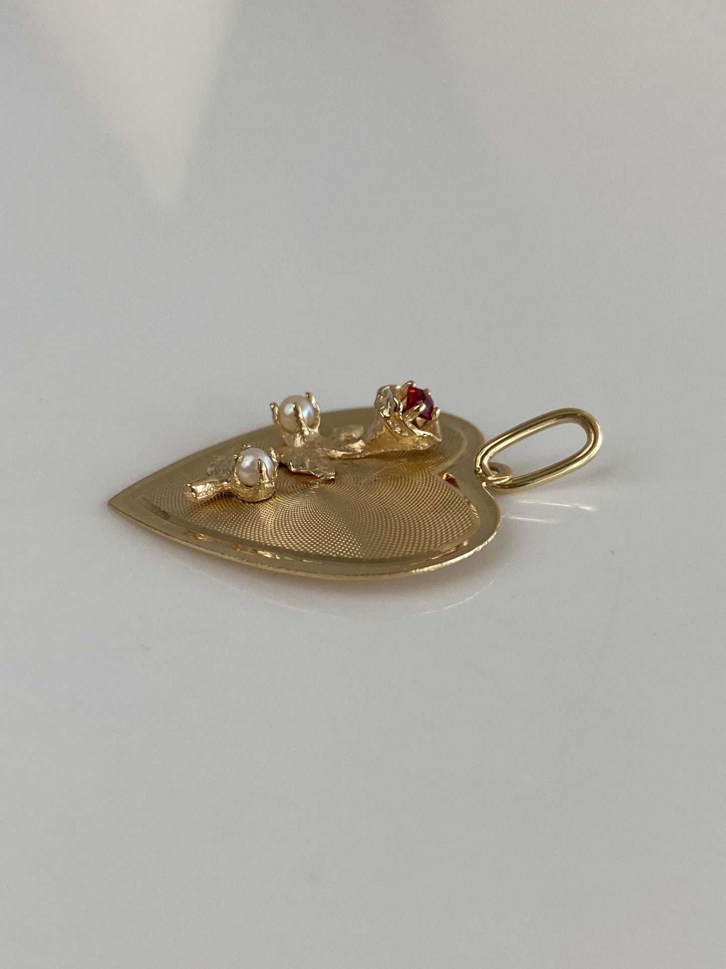 Vintage Solid 14k Yellow Gold Red Cubic Zirconia Pearls Rose Heart Charm