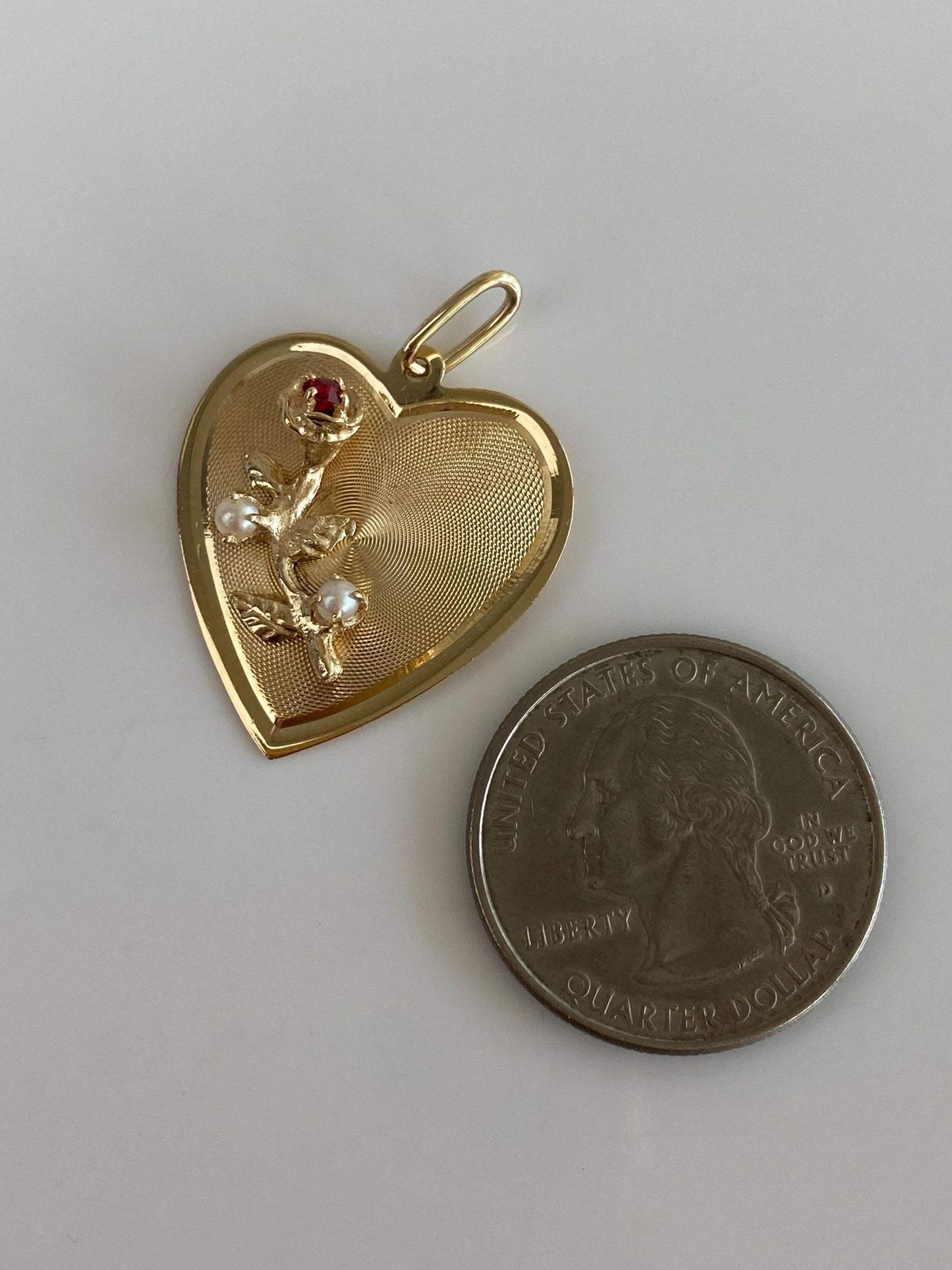 Vintage Solid 14k Yellow Gold Red Cubic Zirconia Pearls Rose Heart Charm