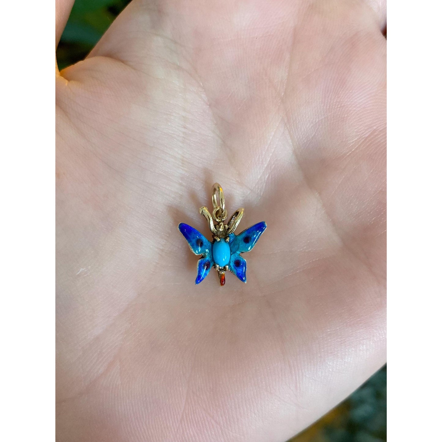 Vintage Solid 14k Yellow Gold Turquoise Enamel Butterfly Charm