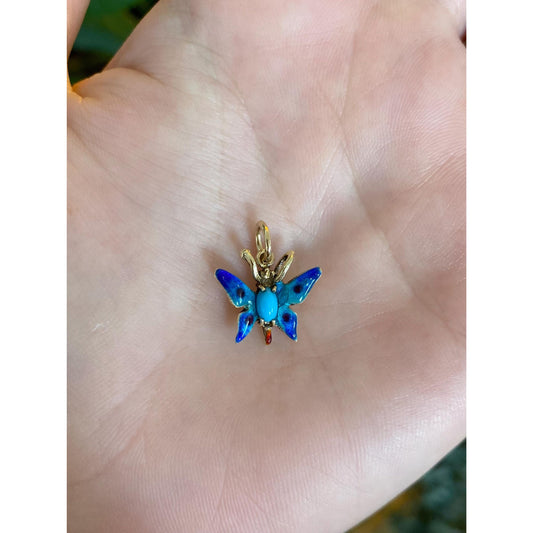 Vintage Solid 14k Yellow Gold Turquoise Enamel Butterfly Charm
