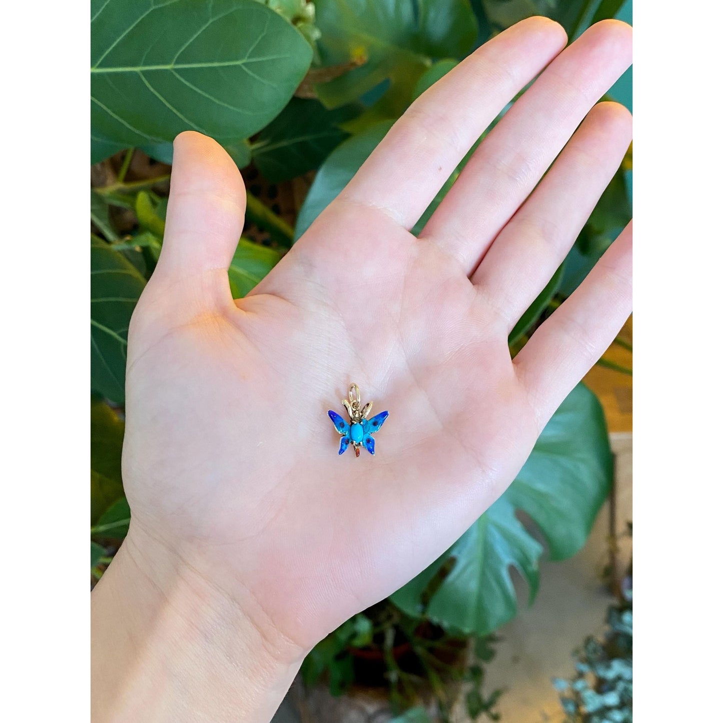 Vintage Solid 14k Yellow Gold Turquoise Enamel Butterfly Charm