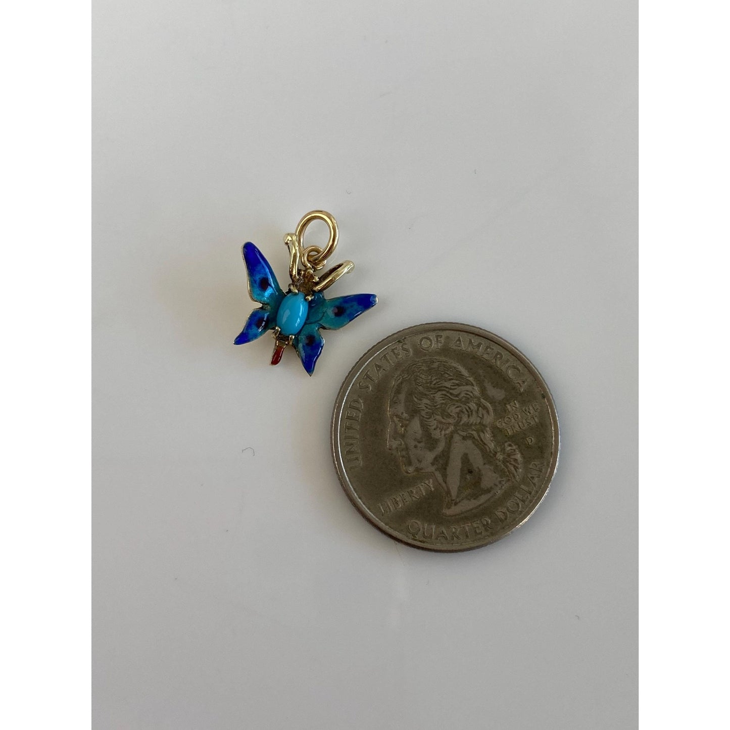 Vintage Solid 14k Yellow Gold Turquoise Enamel Butterfly Charm