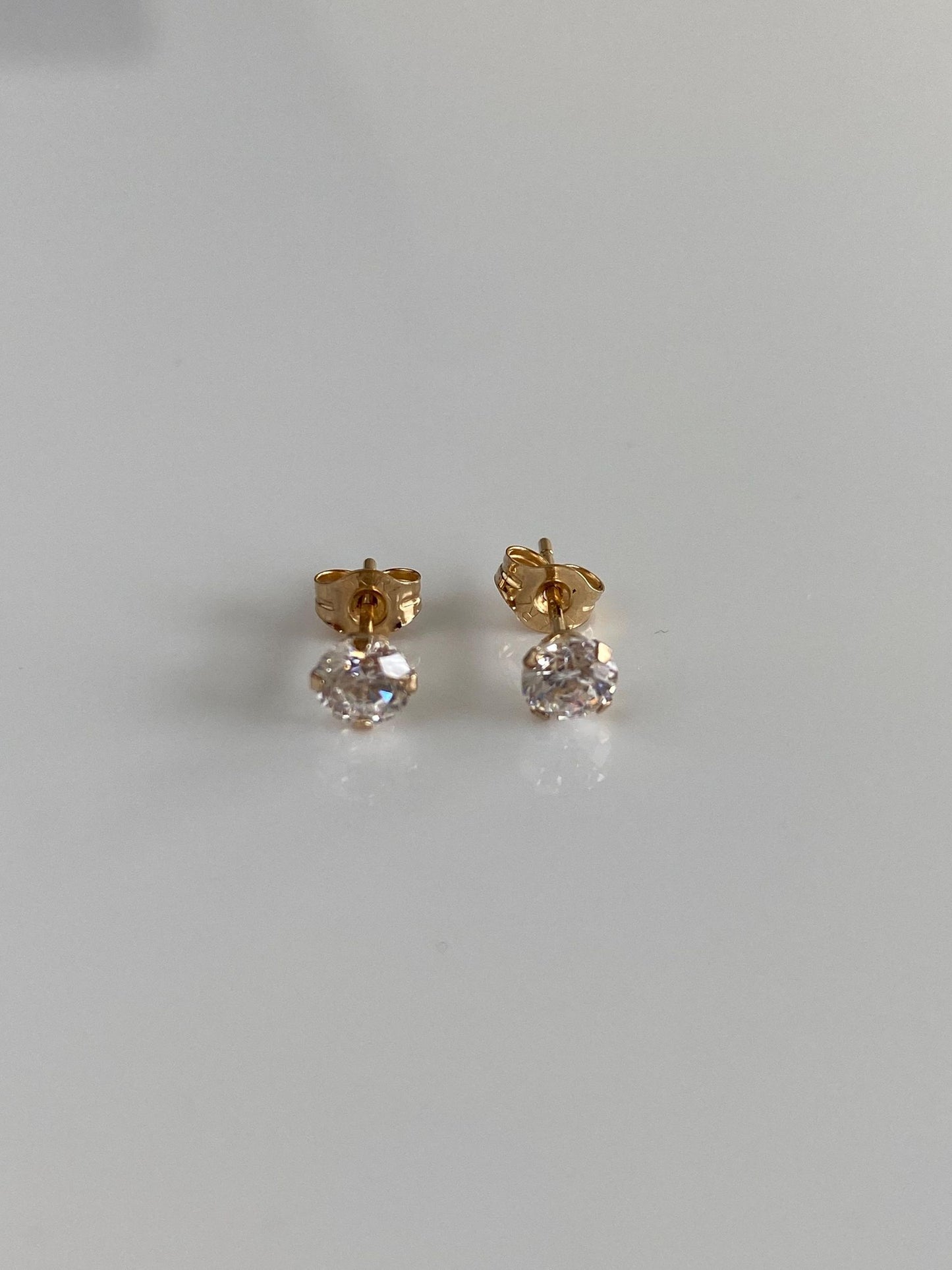 Vintage Solid 9k Yellow Gold Clear Cubic Zirconia Stud Earrings