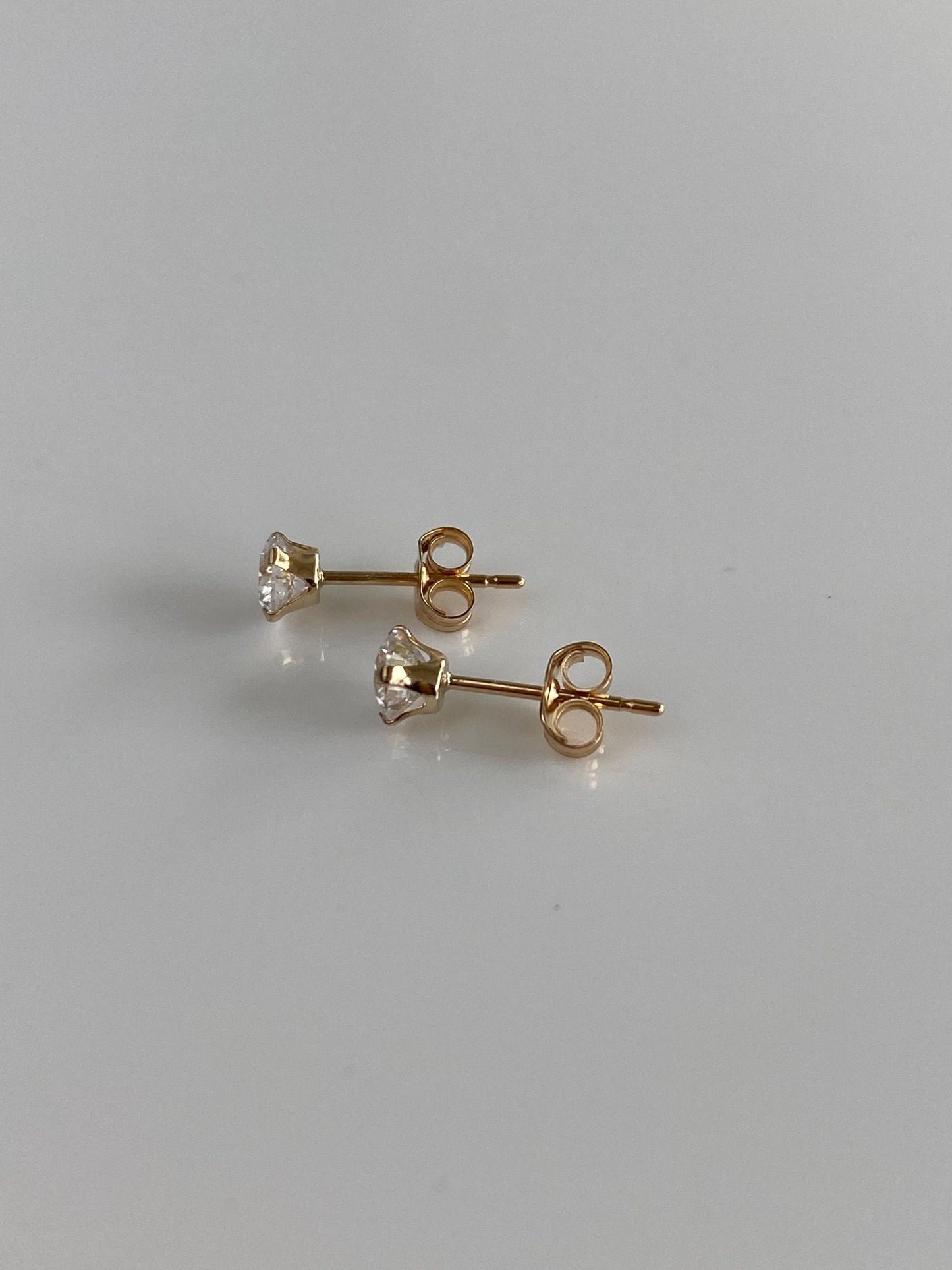 Vintage Solid 9k Yellow Gold Clear Cubic Zirconia Stud Earrings