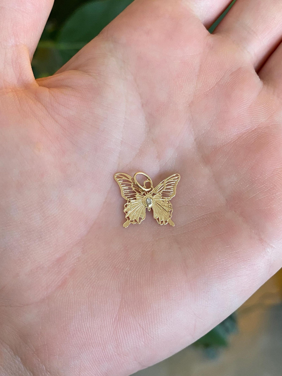Vintage Solid 14k Yellow Gold Clear Sapphire Open Work Butterfly Charm