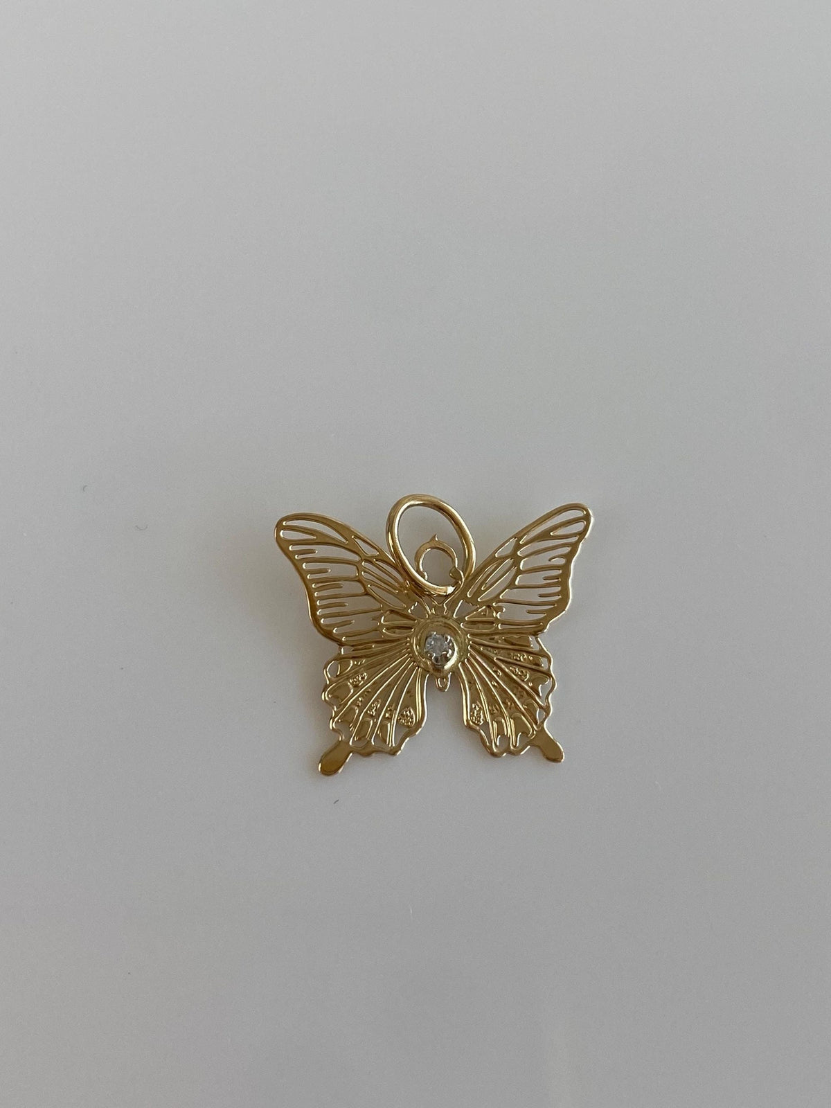 Vintage Solid 14k Yellow Gold Clear Sapphire Open Work Butterfly Charm