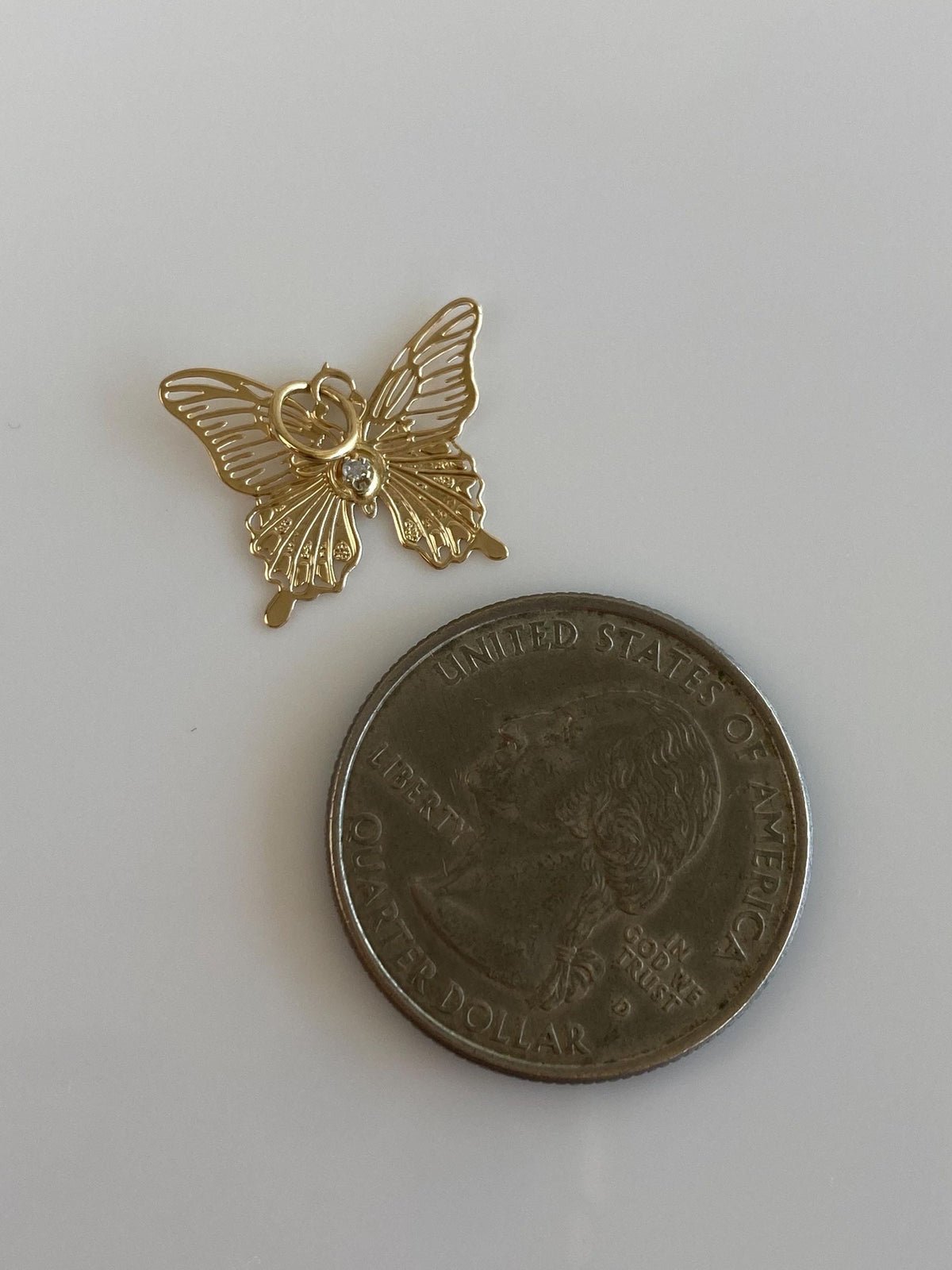Vintage Solid 14k Yellow Gold Clear Sapphire Open Work Butterfly Charm