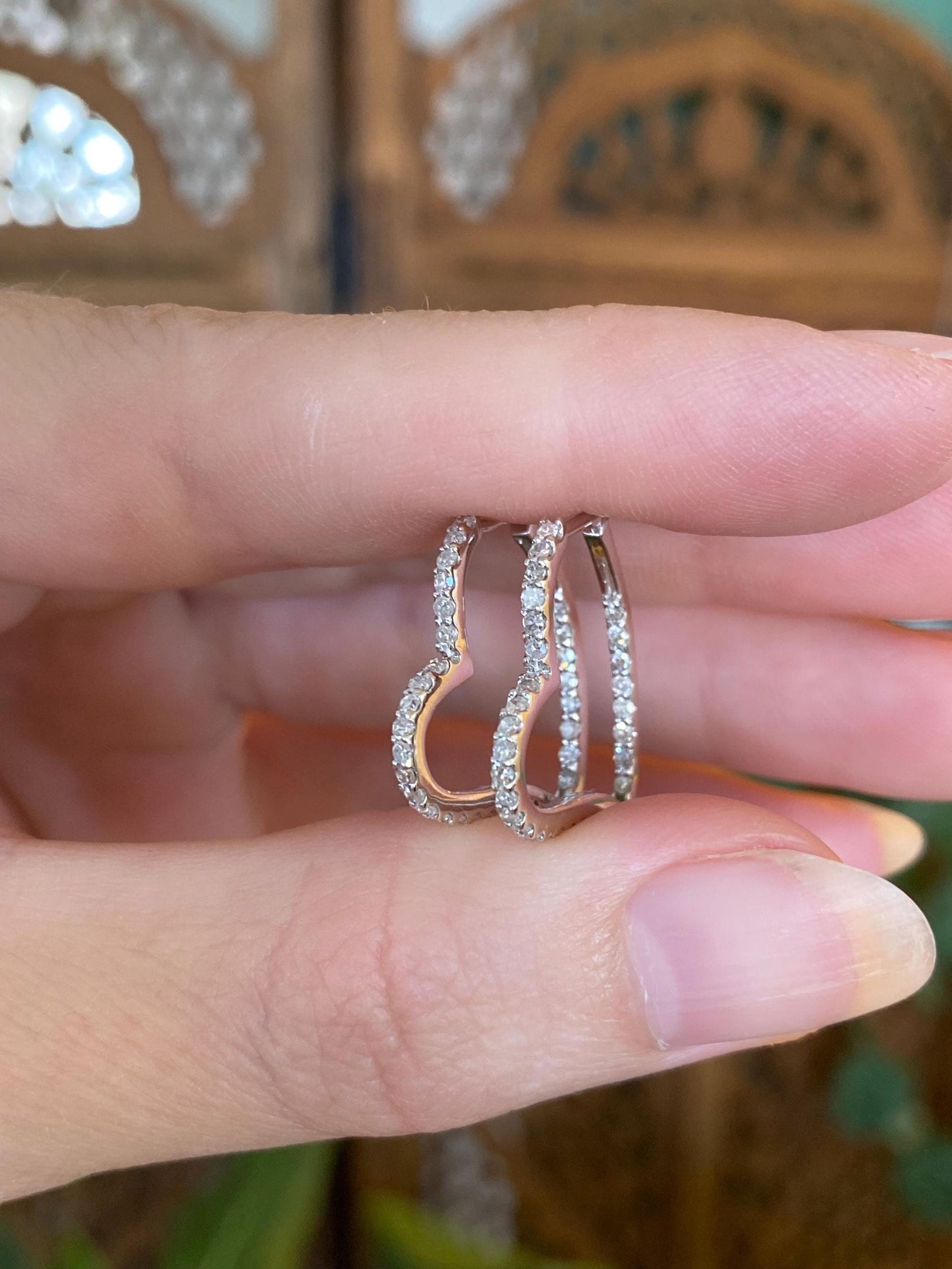 Vintage Solid 18k White Gold Diamond Heart Hoop Earrings