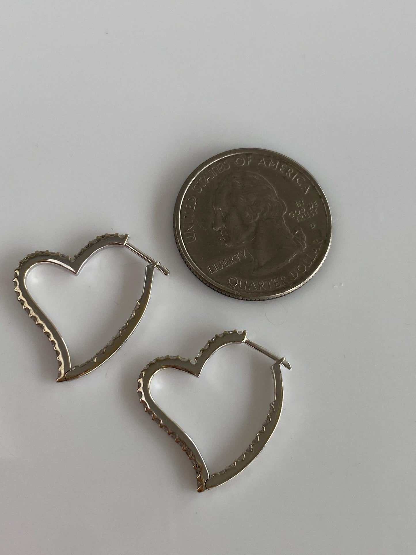 Vintage Solid 18k White Gold Diamond Heart Hoop Earrings