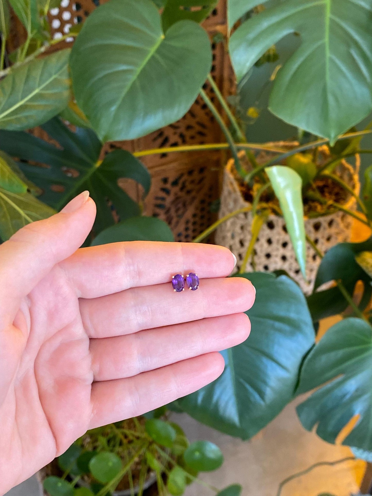 Vintage Solid 14k Yellow Gold Amethyst Stud Earrings