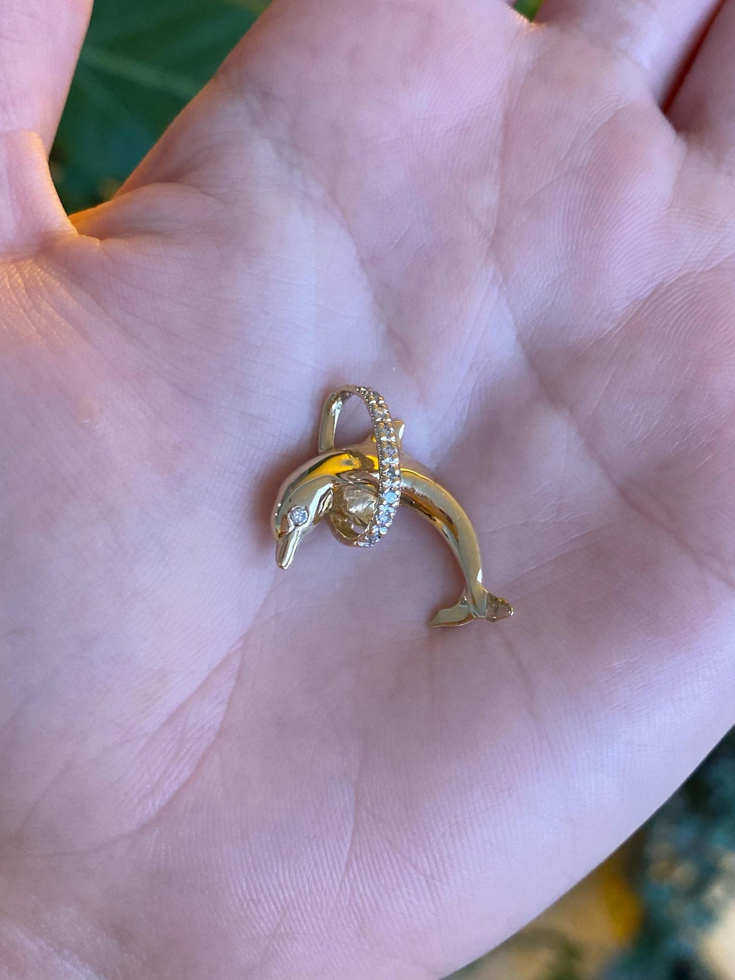 Vintage Solid 14k Yellow Gold Diamond Ring Dolphin Charm