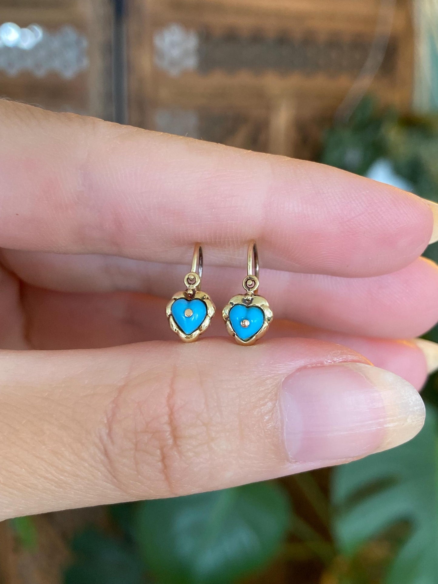 Vintage Solid 14k Yellow Gold Turquoise Heart Drop Earrings