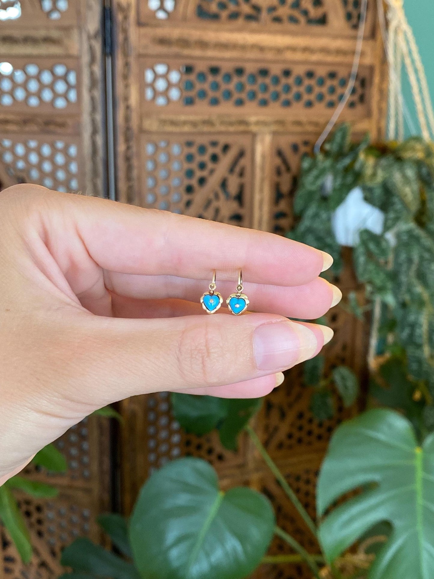 Vintage Solid 14k Yellow Gold Turquoise Heart Drop Earrings