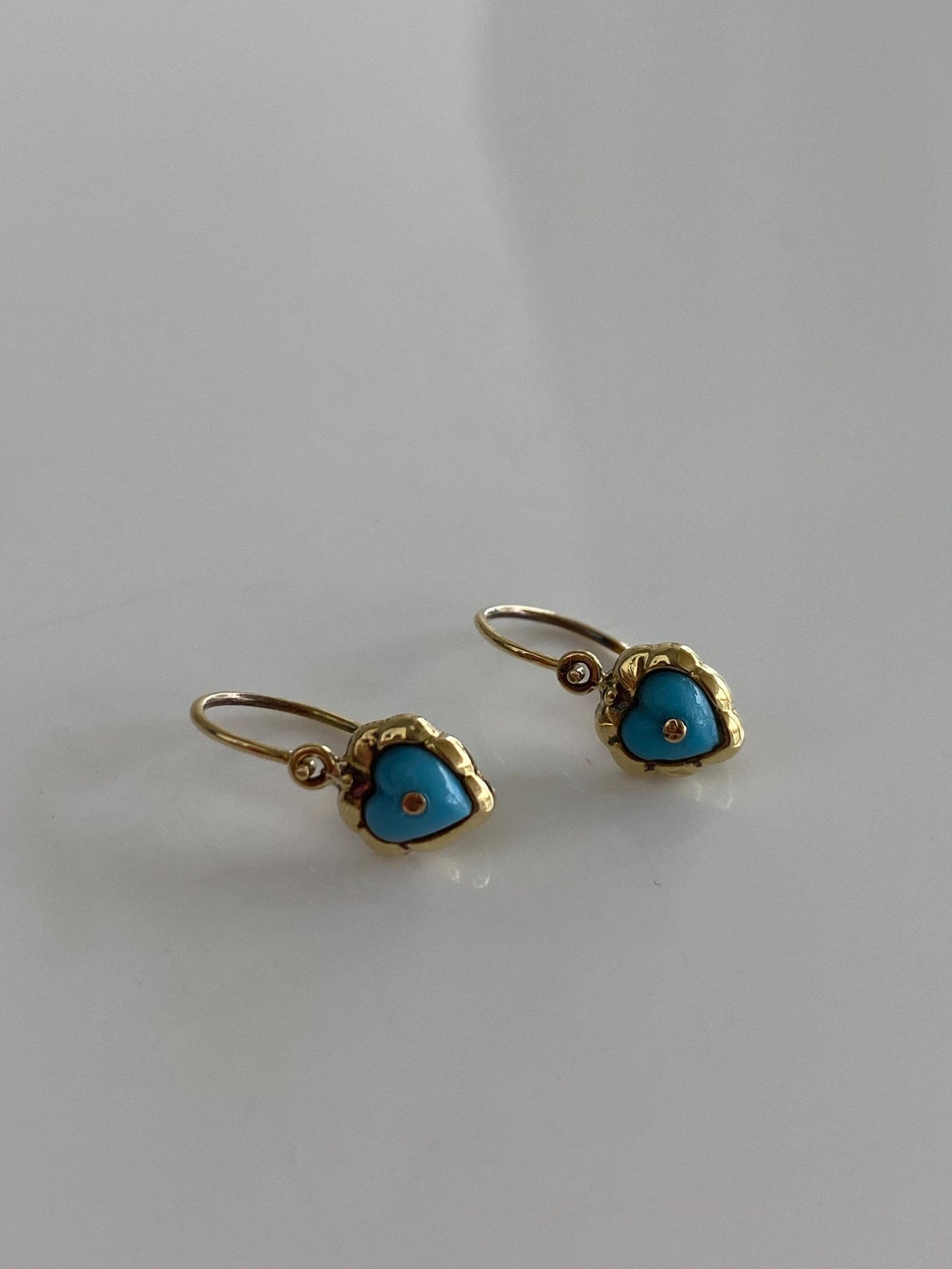 Vintage Solid 14k Yellow Gold Turquoise Heart Drop Earrings