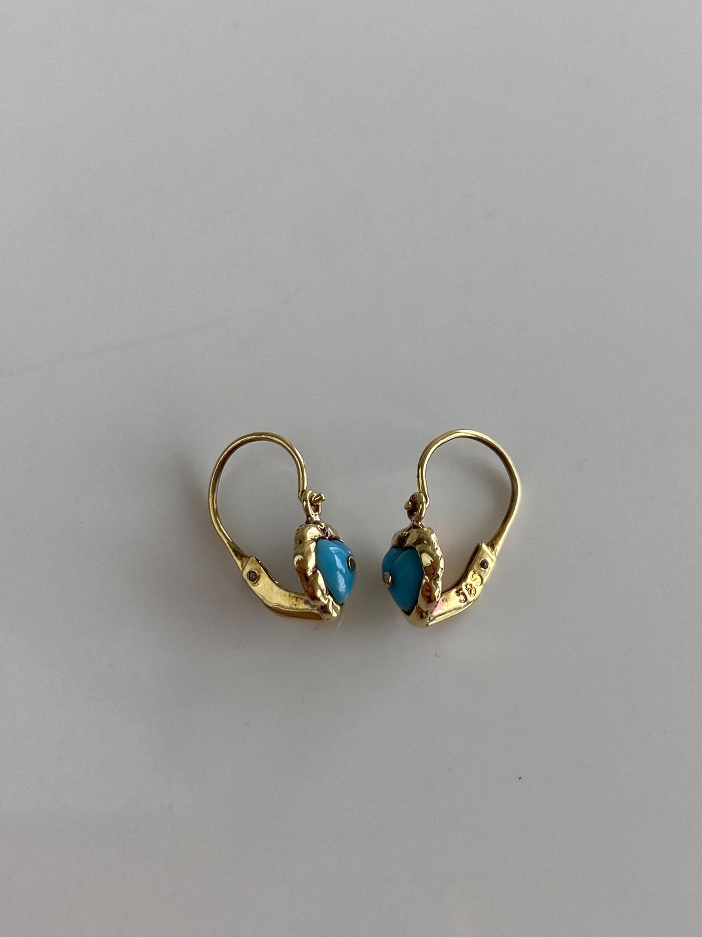 Vintage Solid 14k Yellow Gold Turquoise Heart Drop Earrings