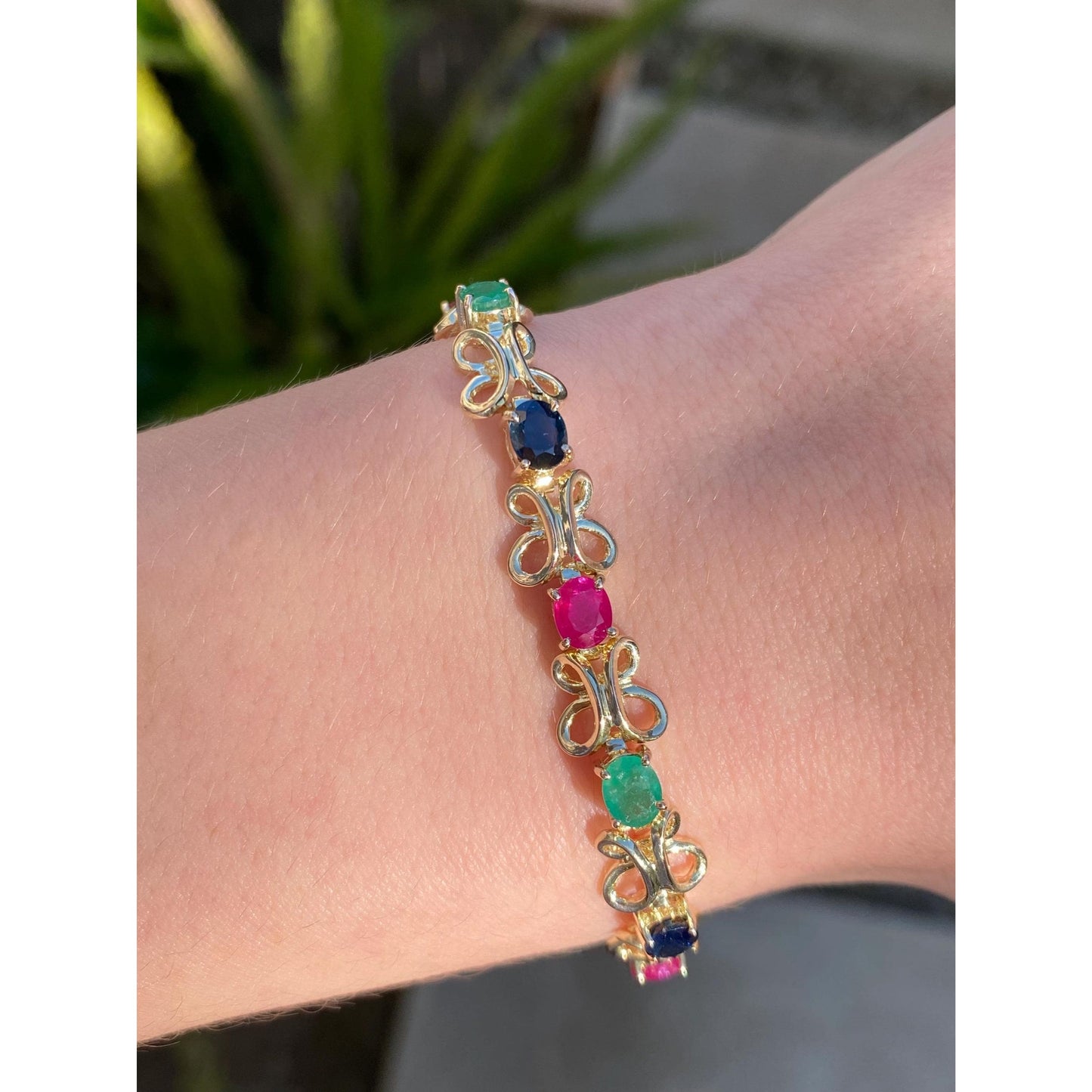 Vintage Solid 14k Yellow Gold Emerald Ruby Sapphire Link Bracelet - 7 inches